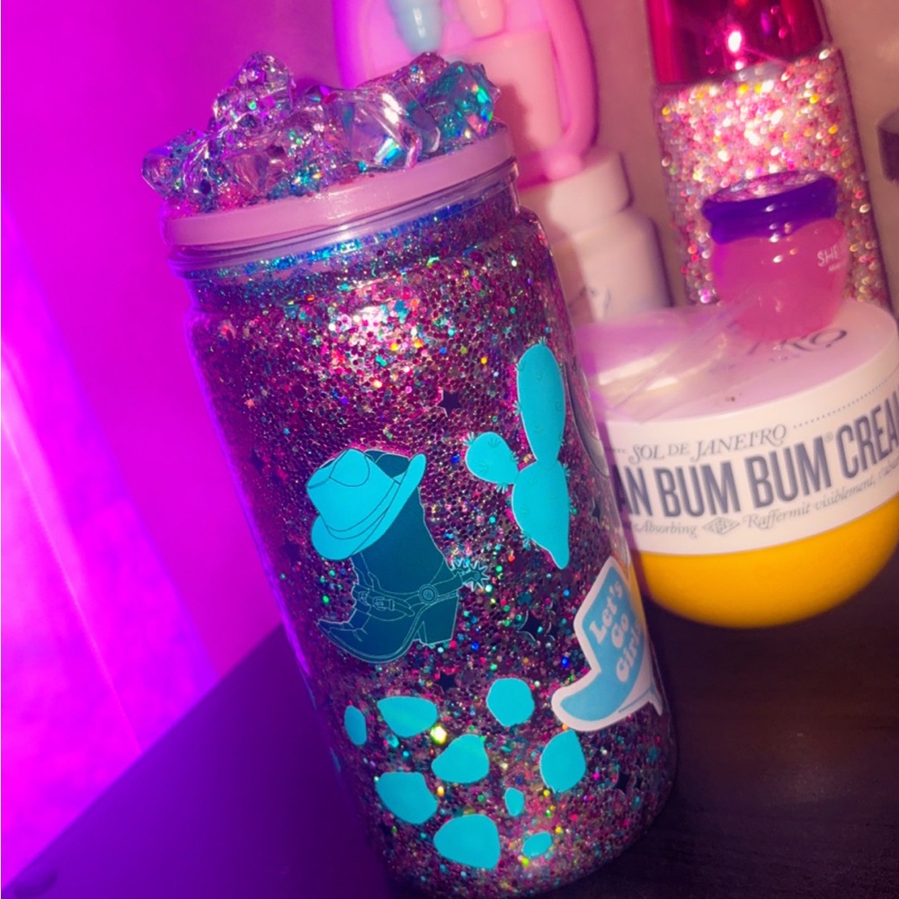 Glittery Blue and Pink Drinkware Jar